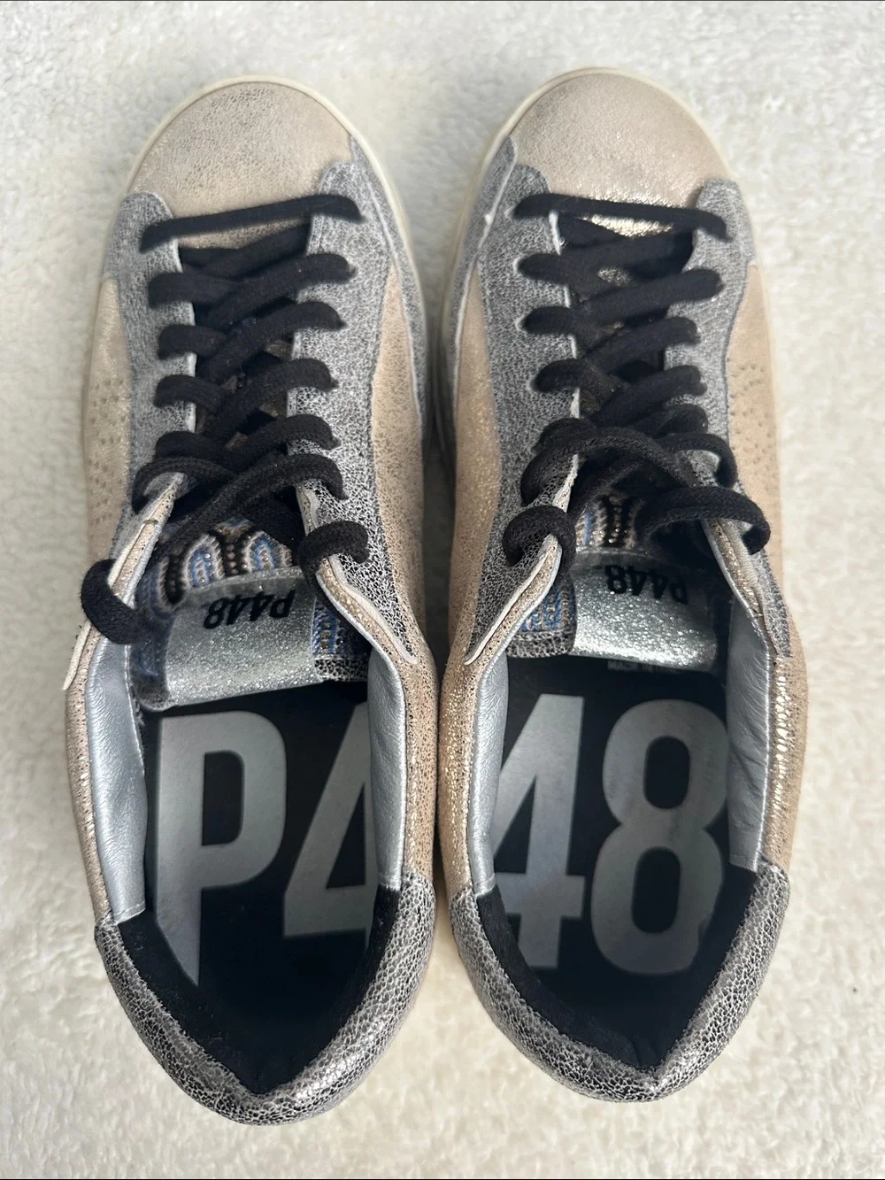 P448 John Panama Gold Silver Metallic Leather Low Top Sneakers Streetwear 40 New